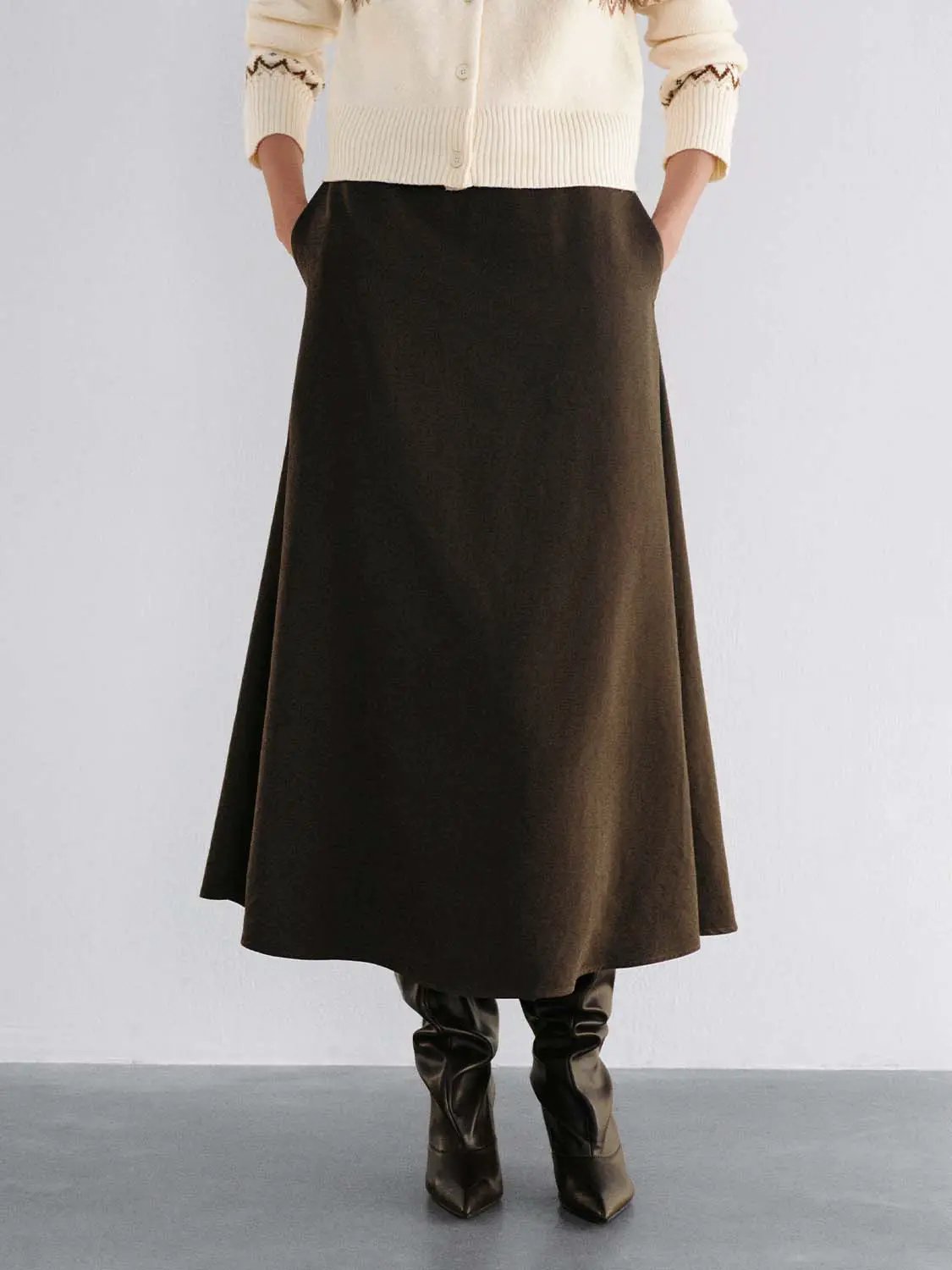 Thin Belted Solid A-Line Mid-rise Maxi Skirt