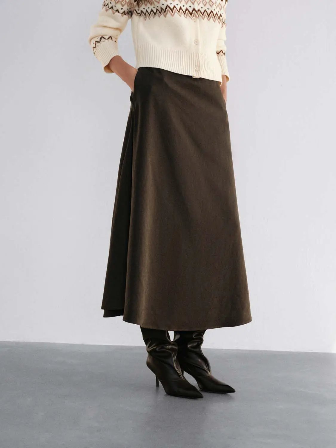 Thin Belted Solid A-Line Mid-rise Maxi Skirt