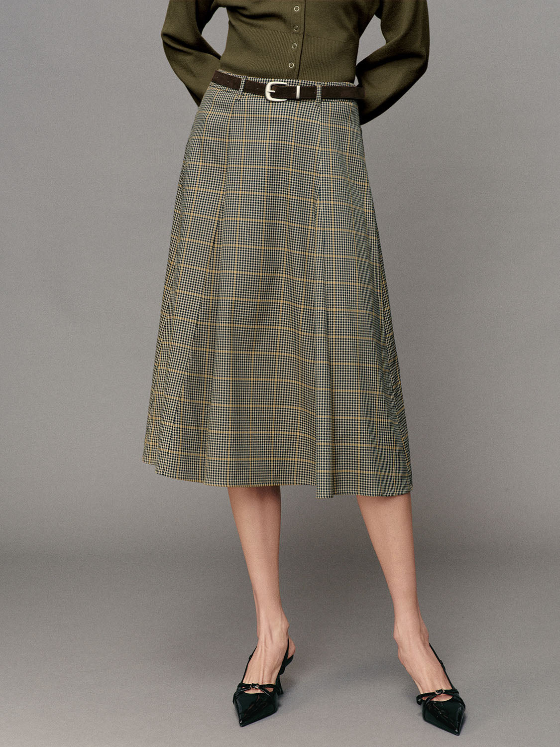 Belted Checked A-Line Mid-rise Maxi Skirt