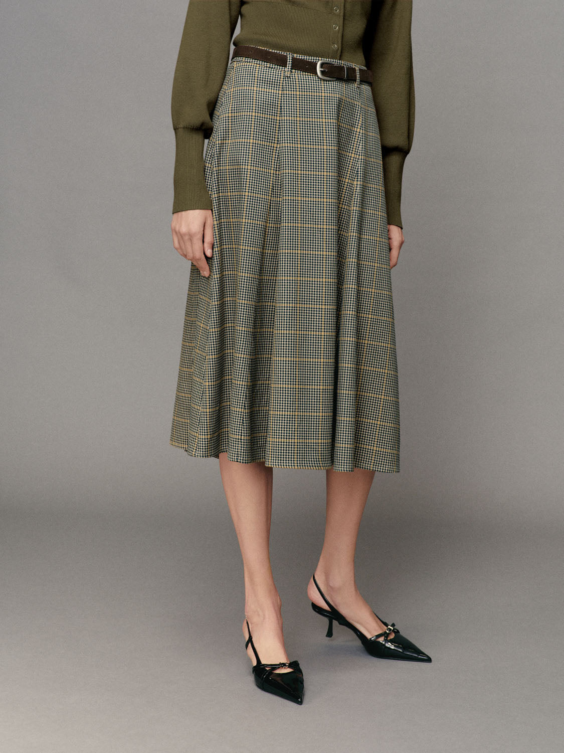 Belted Checked A-Line Mid-rise Maxi Skirt