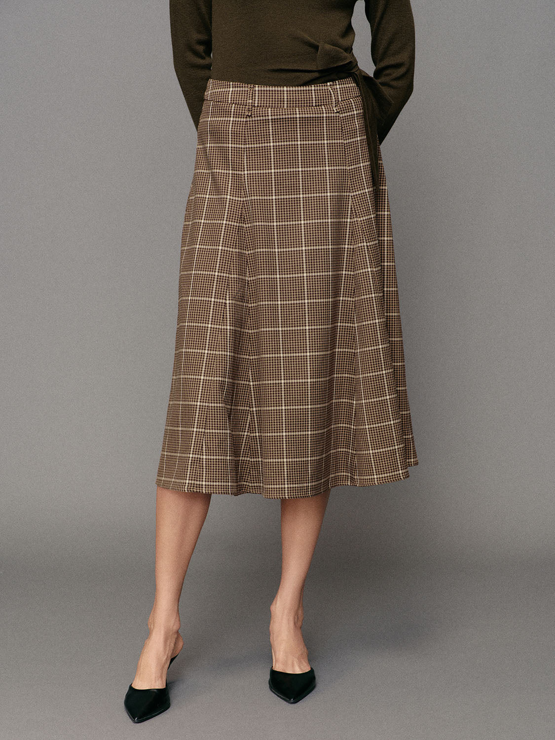 Belted Checked A-Line Mid-rise Maxi Skirt