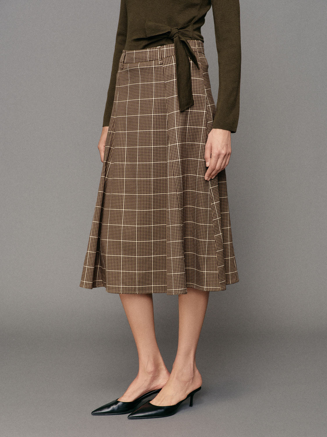 Belted Checked A-Line Mid-rise Maxi Skirt