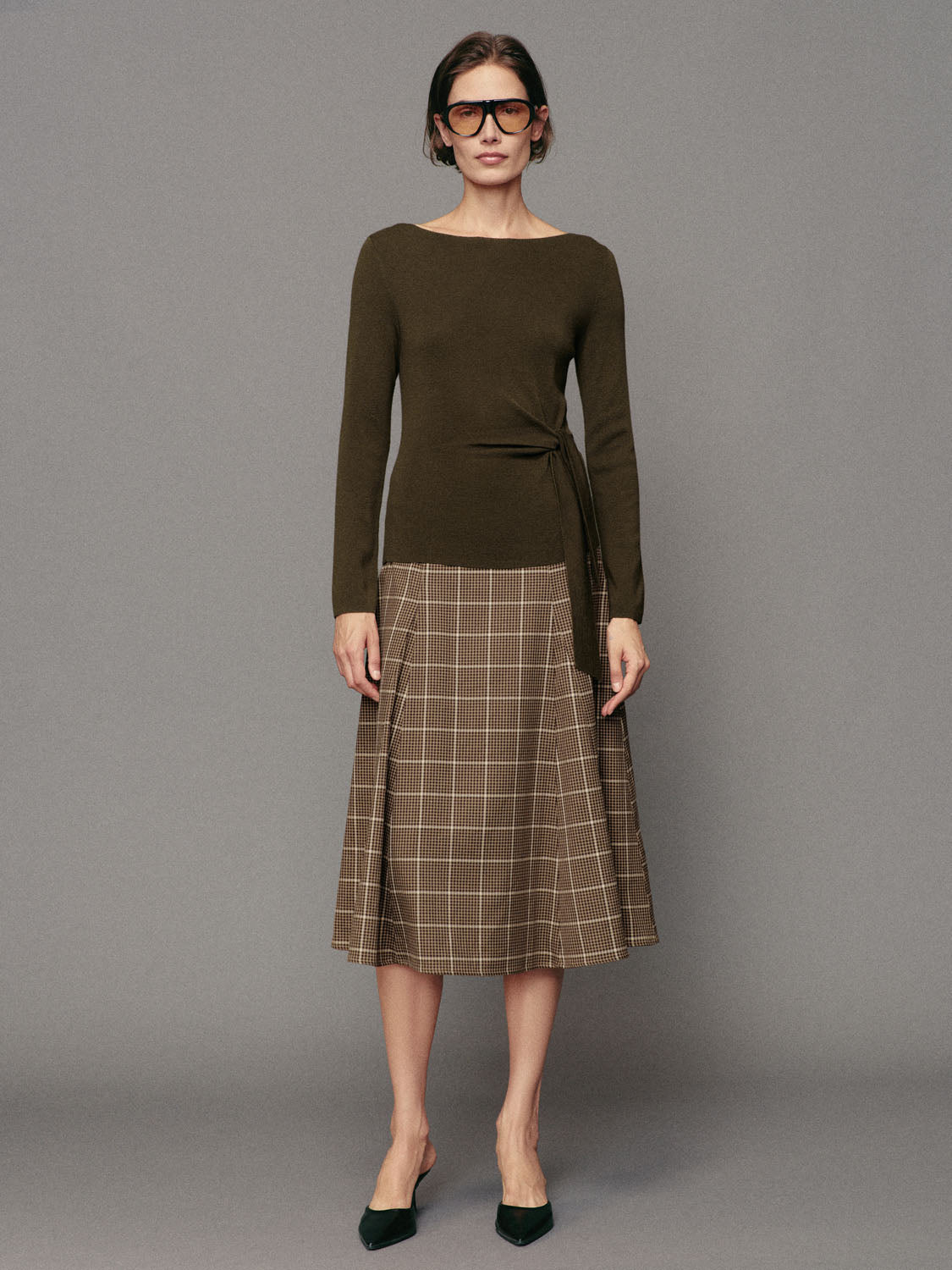 Belted Checked A-Line Mid-rise Maxi Skirt