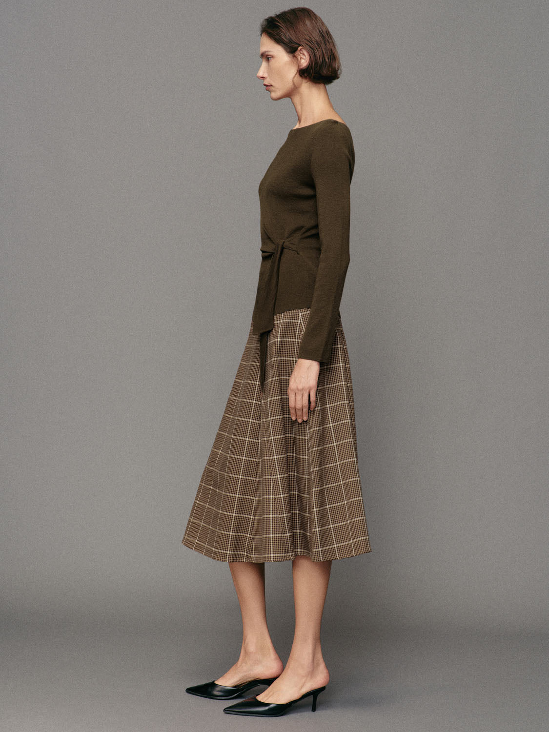 Belted Checked A-Line Mid-rise Maxi Skirt