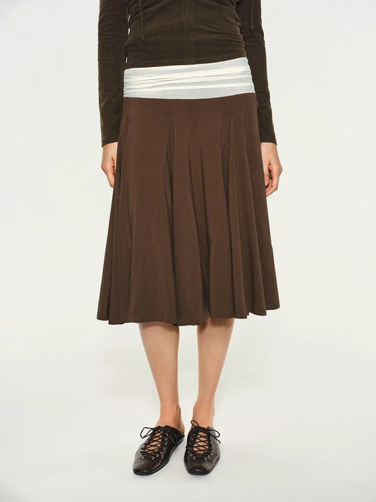 Contrast Ruched Waist Pleated A-Line Midi Skirt