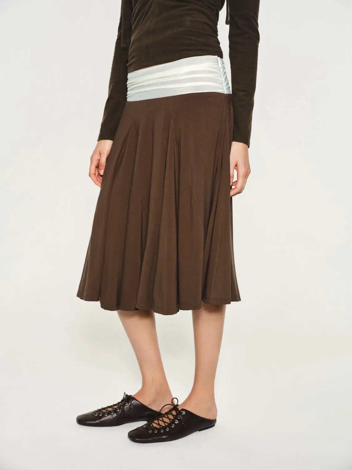 Contrast Ruched Waist Pleated A-Line Midi Skirt