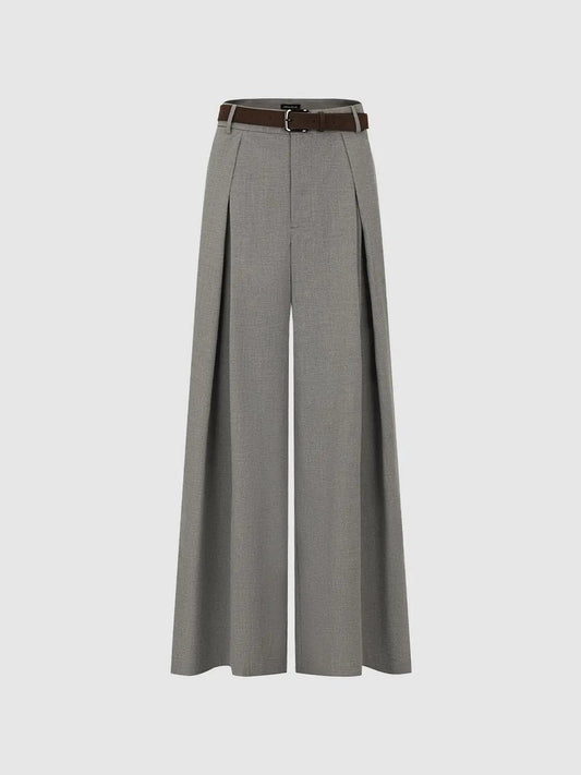 High Waist Belted Pleated Woven Tailored Wide Leg Long Pants