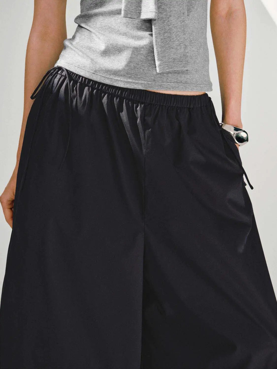 Elastic Waist Drawstring Loose Wide Leg Casual Trousers