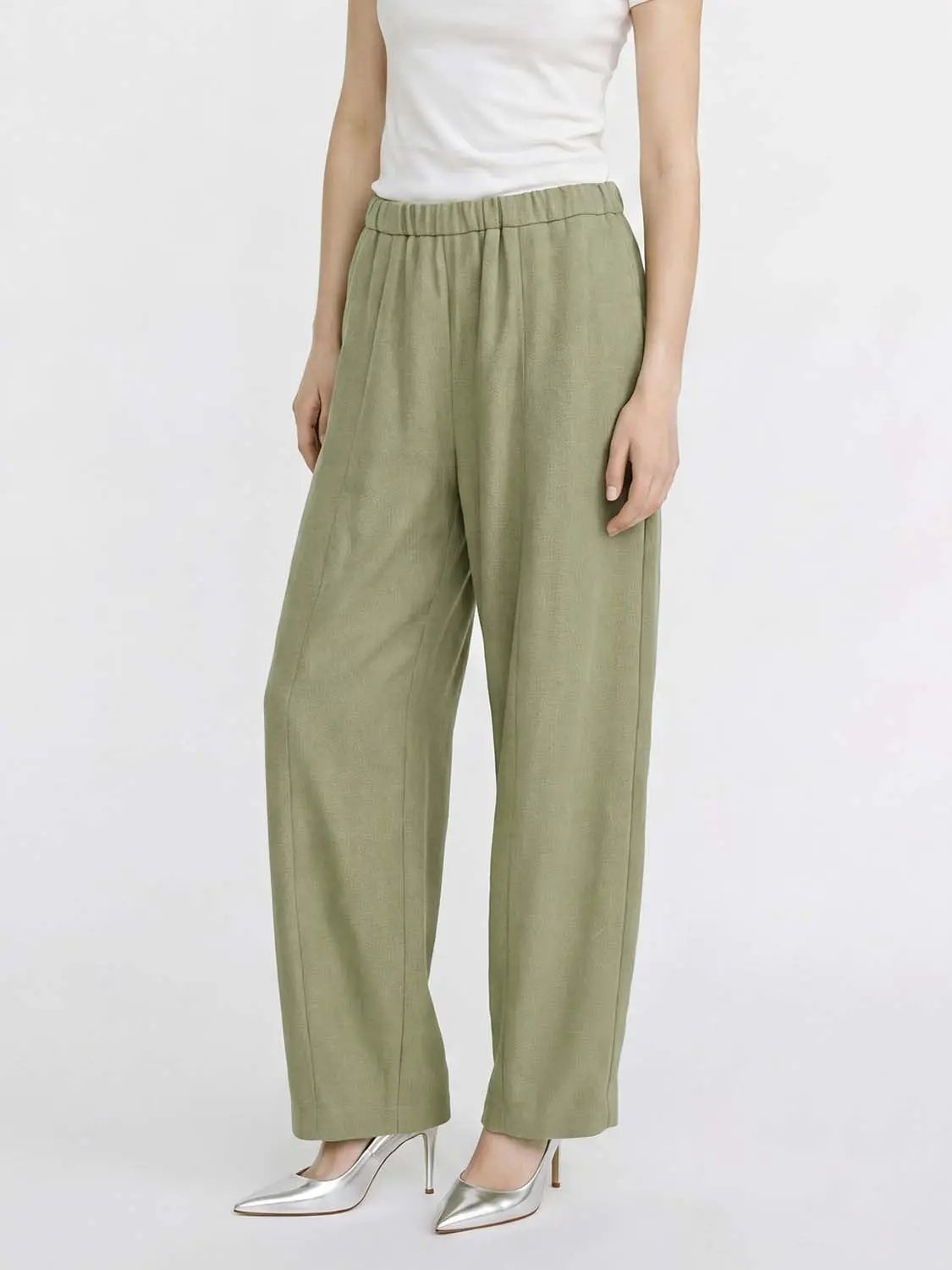Elastic Drawstring Waist Solid Color Loose Wide Leg Pants