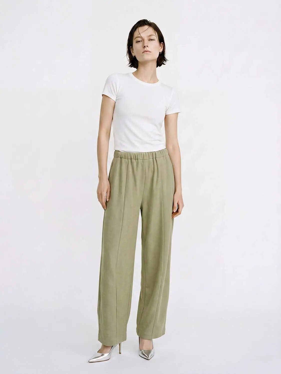 Elastic Drawstring Waist Solid Color Loose Wide Leg Pants