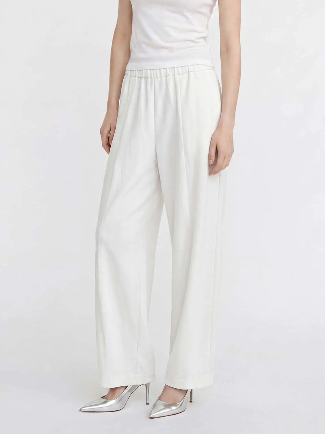 Elastic Drawstring Waist Solid Color Loose Wide Leg Pants