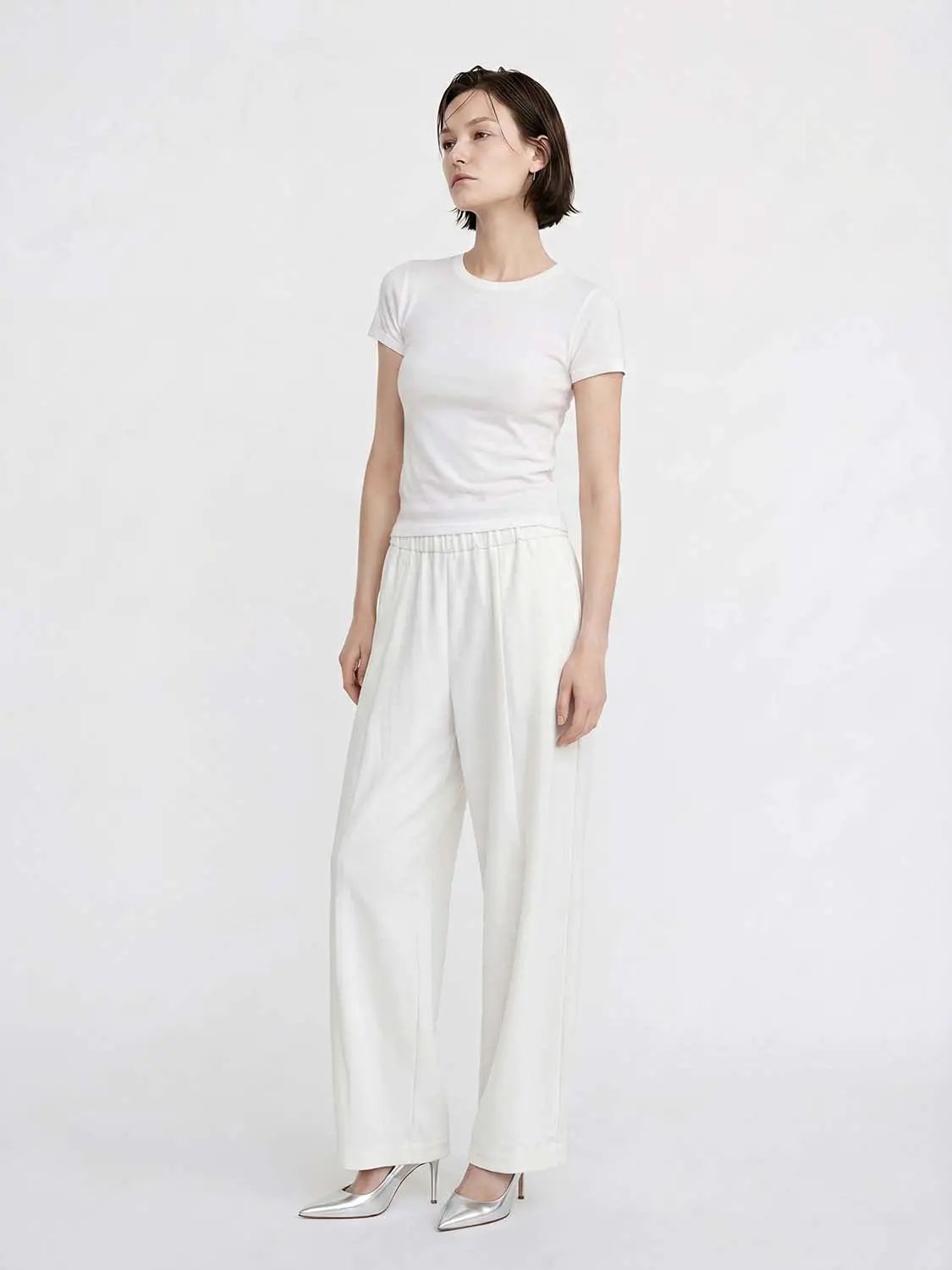 Elastic Drawstring Waist Solid Color Loose Wide Leg Pants