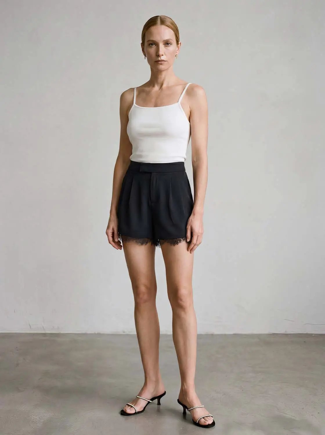 High Waist Front Pleat Lace Hem Straight Casual Shorts