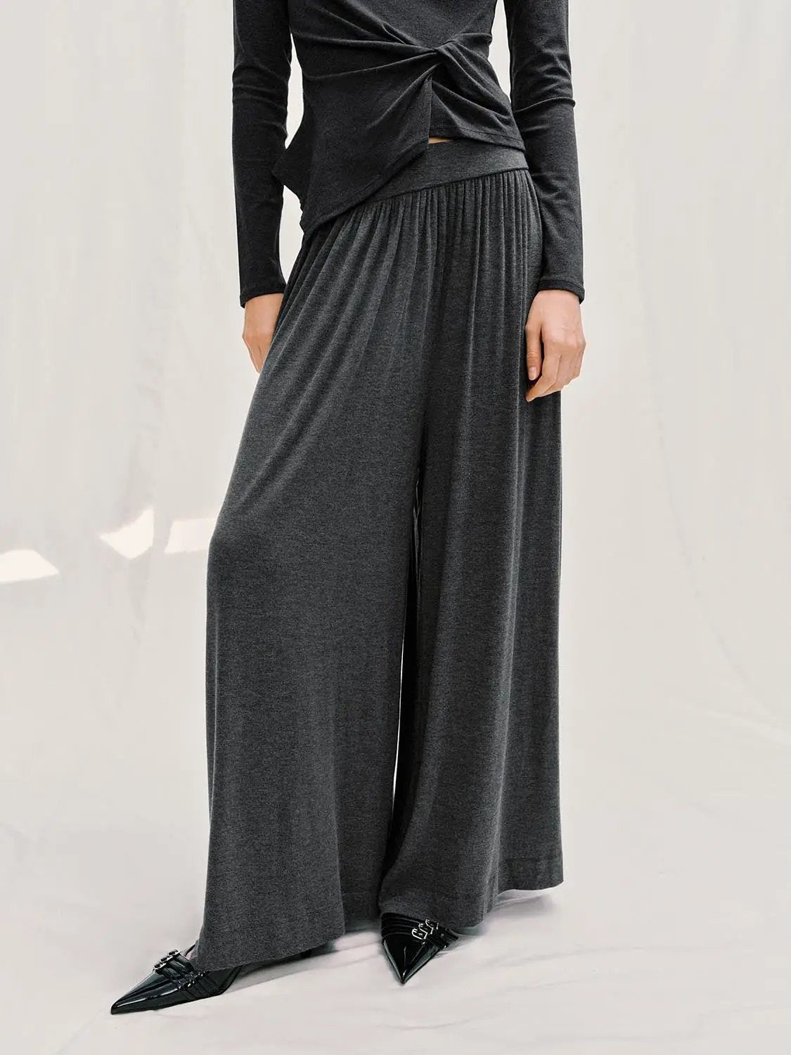 Pleated Elastic Waistband Wide-leg Pants