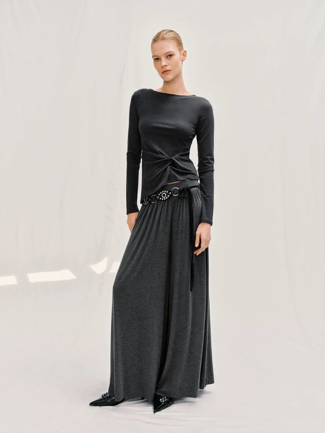Pleated Elastic Waistband Wide-leg Pants