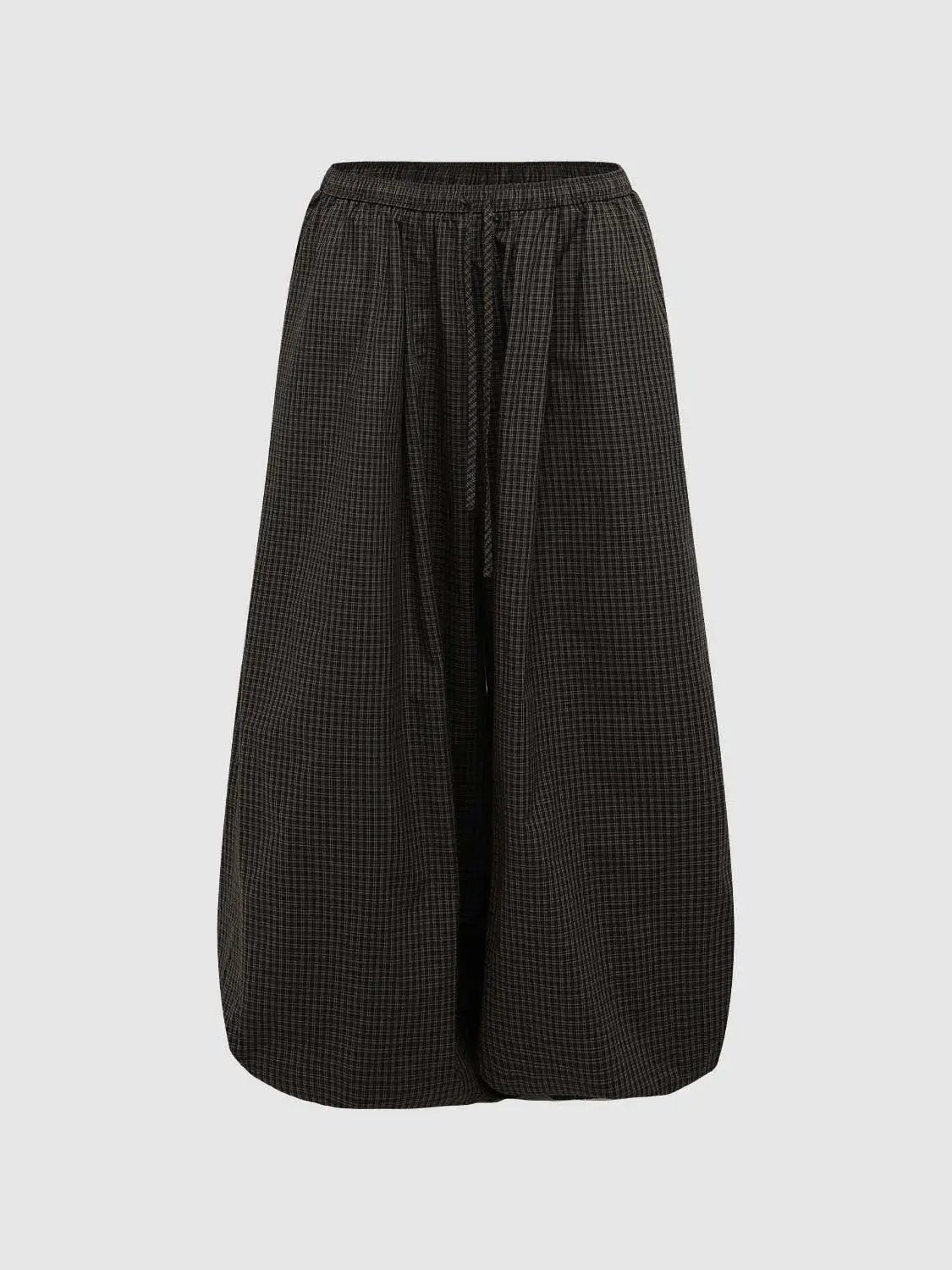 Elastic Drawstring Waist Plaid Check Cotton Wide Leg Pants