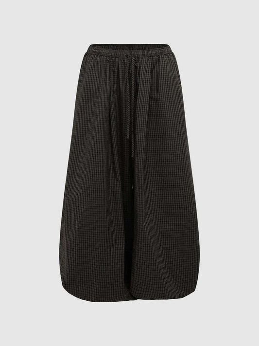 Elastic Drawstring Waist Plaid Check Cotton Wide Leg Pants