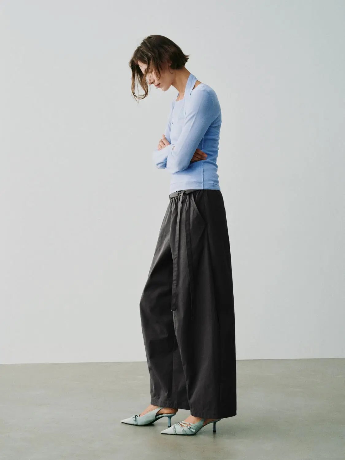 Long Wide Leg Tie Waist Pants