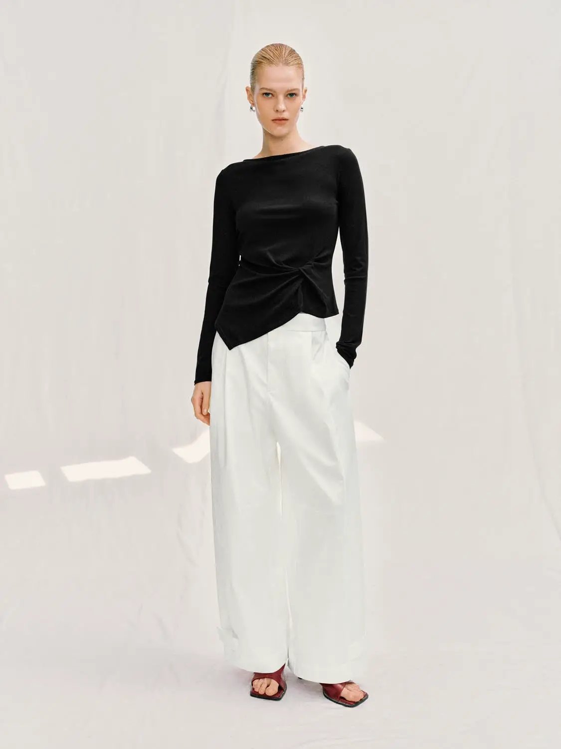 Curved Wide-leg Cotton Lyocell Blend Pants