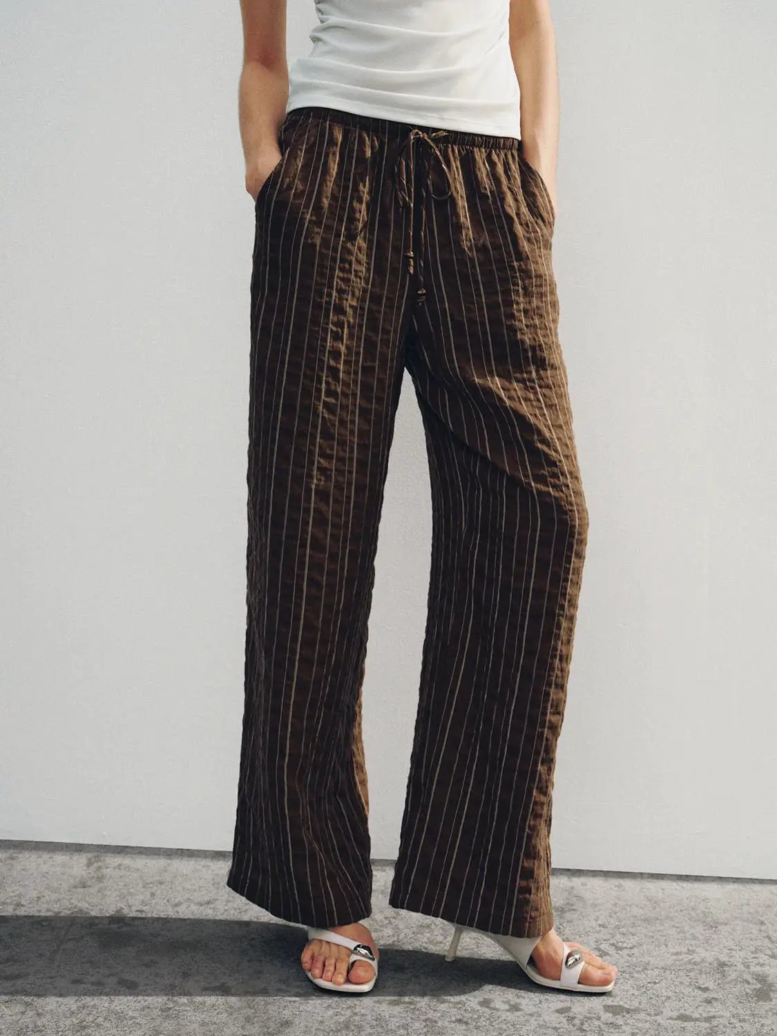Striped Textured Soft Lyocell Wide-leg Pants