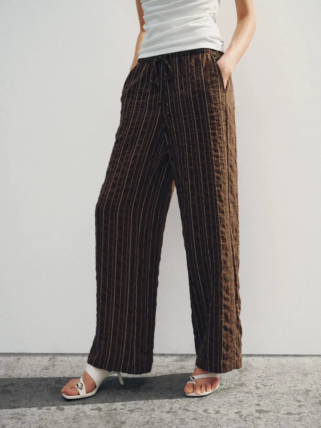 Striped Textured Soft Lyocell Wide-leg Pants