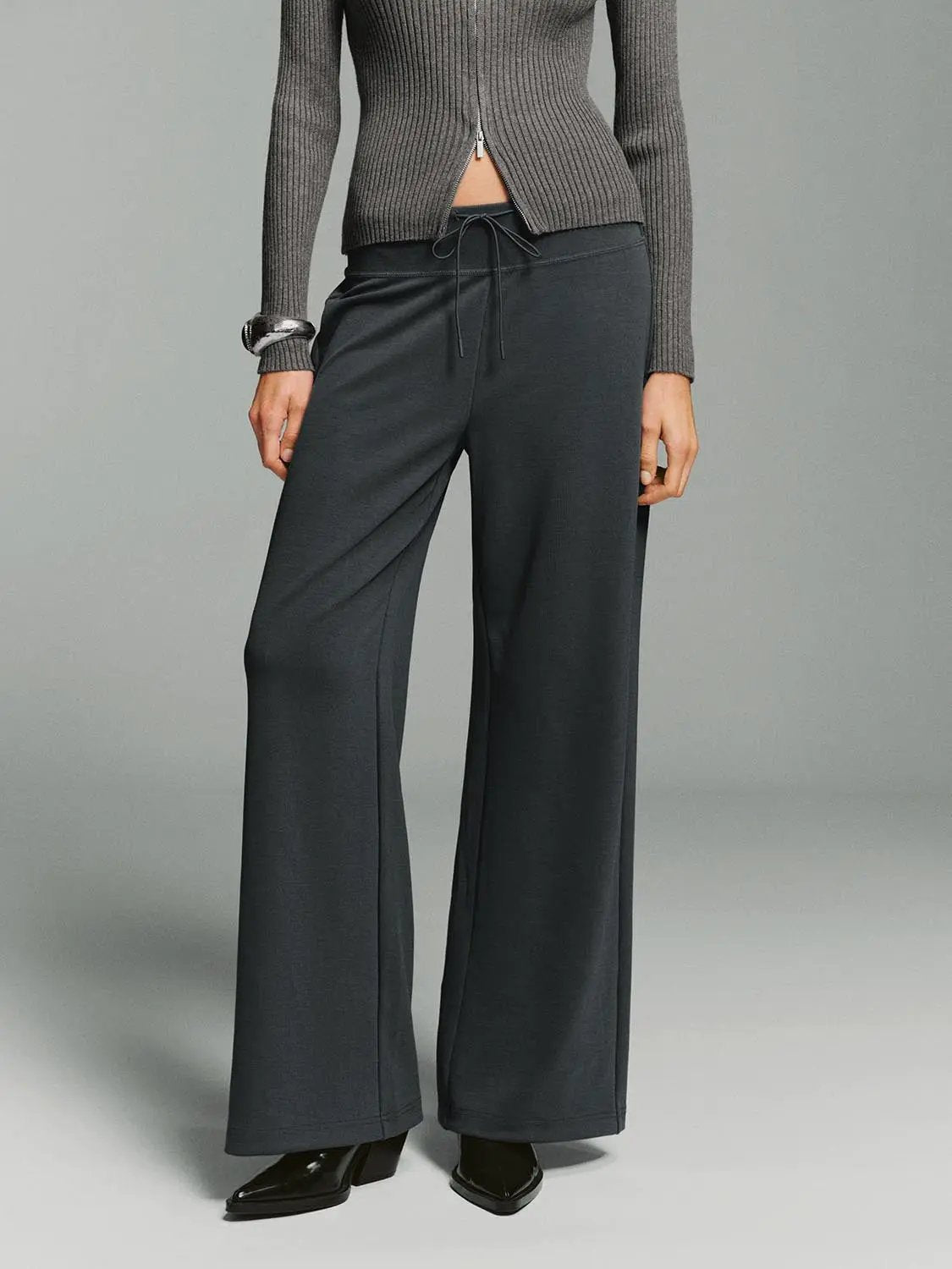 Flare Ribbed Knit Wide-leg Stretch Pants