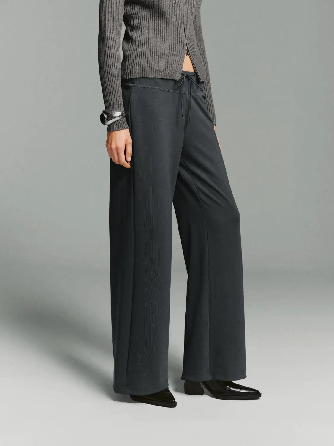 Flare Ribbed Knit Wide-leg Stretch Pants