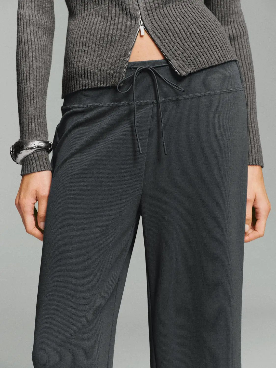 Flare Ribbed Knit Wide-leg Stretch Pants