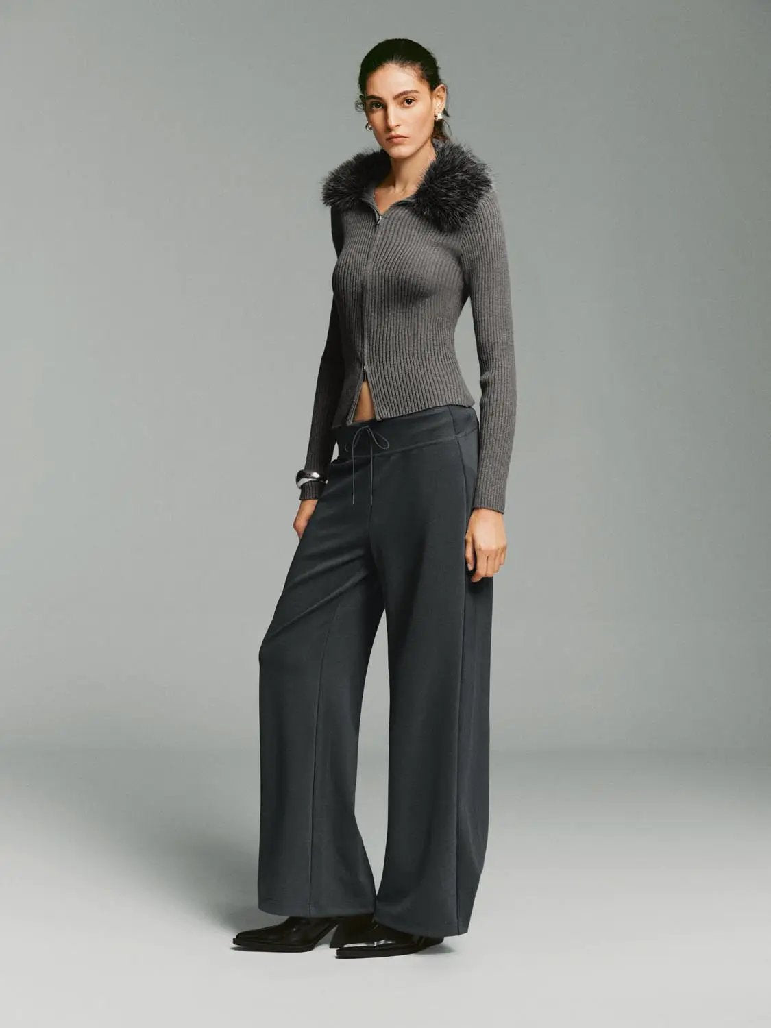 Flare Ribbed Knit Wide-leg Stretch Pants