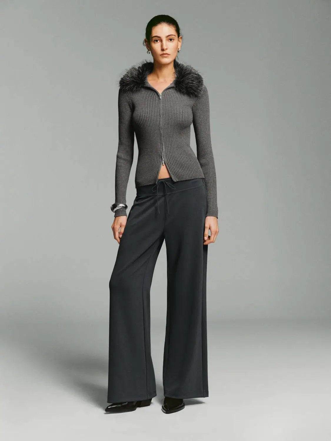Flare Ribbed Knit Wide-leg Stretch Pants
