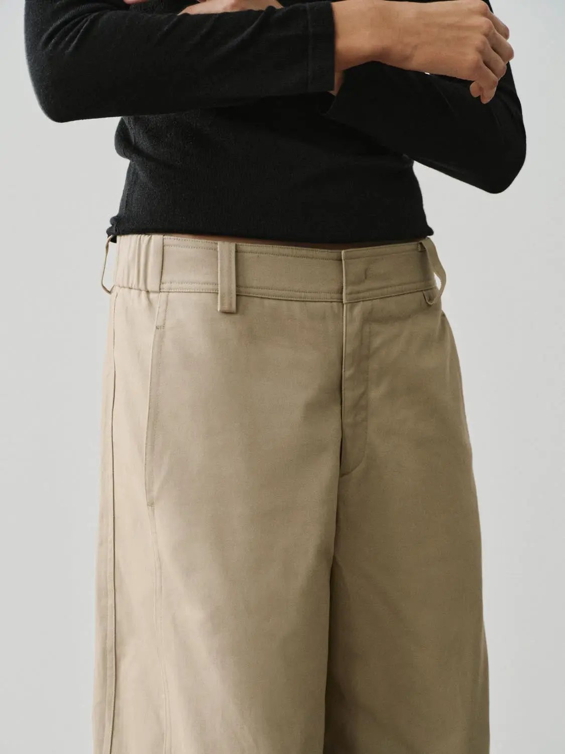 Tailored Beige Mid-rise Barrel-Leg Cotton Pants