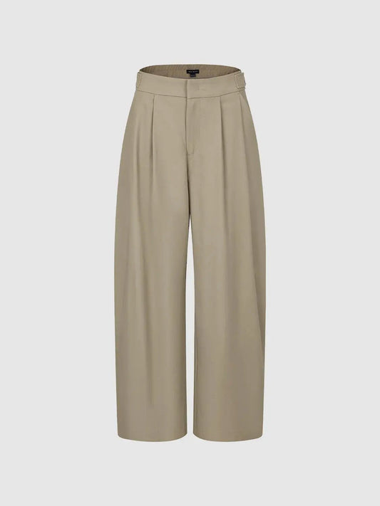 Double Pleated Mid-rise Cotton Barrel-leg Pants
