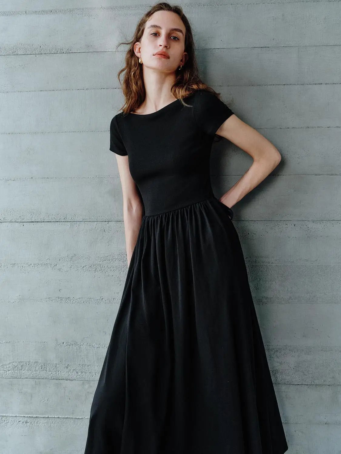 Boat Neck Short Sleeve Gathered Waist A Line Maxi Dress