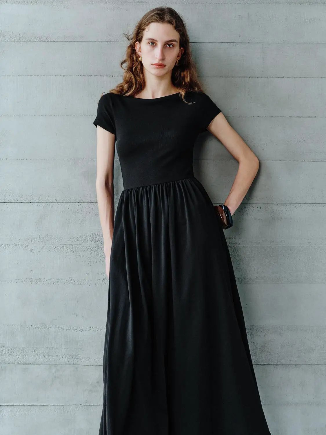 Boat Neck Short Sleeve Gathered Waist A Line Maxi Dress