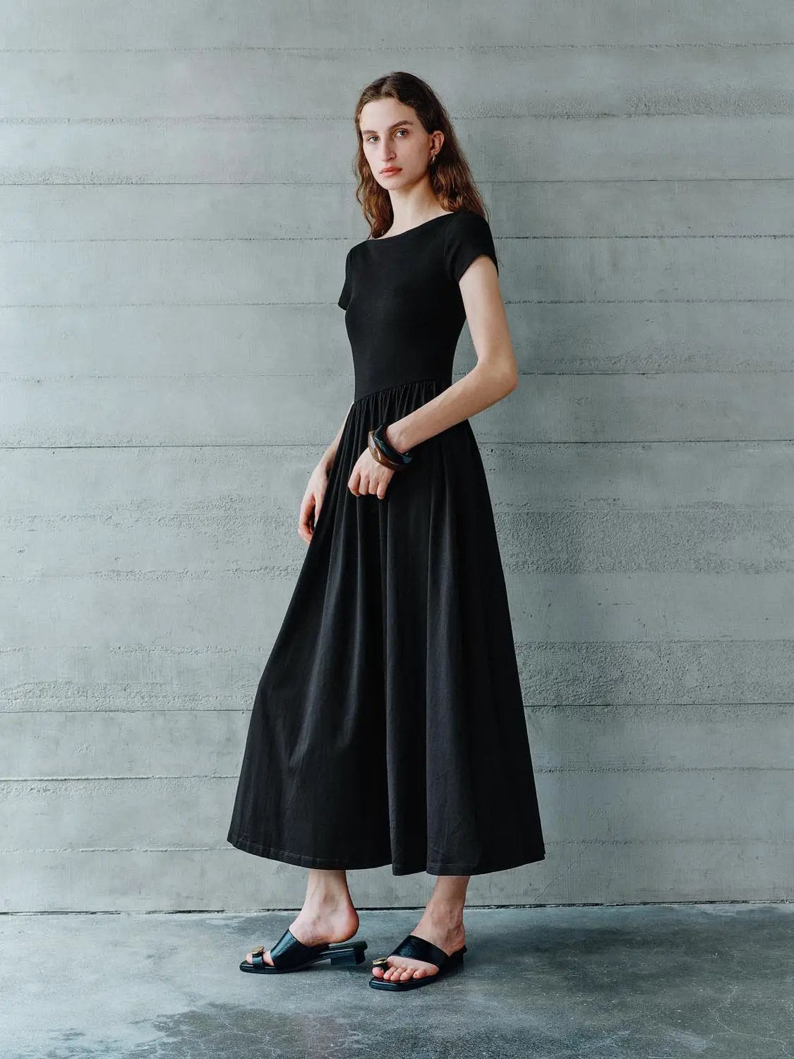 Boat Neck Short Sleeve Gathered Waist A Line Maxi Dress