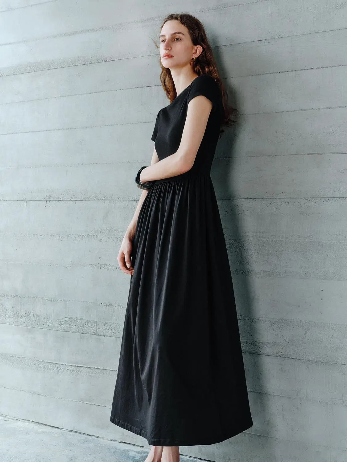 Boat Neck Short Sleeve Gathered Waist A Line Maxi Dress