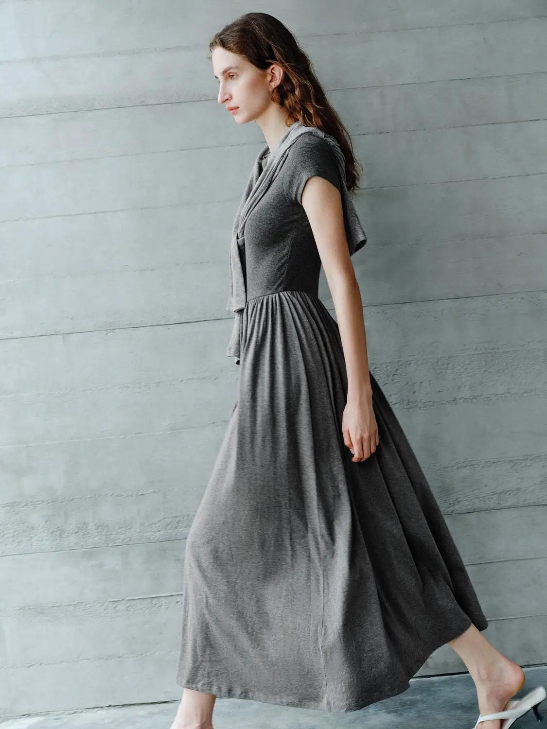 Boat Neck Short Sleeve Gathered Waist A Line Maxi Dress