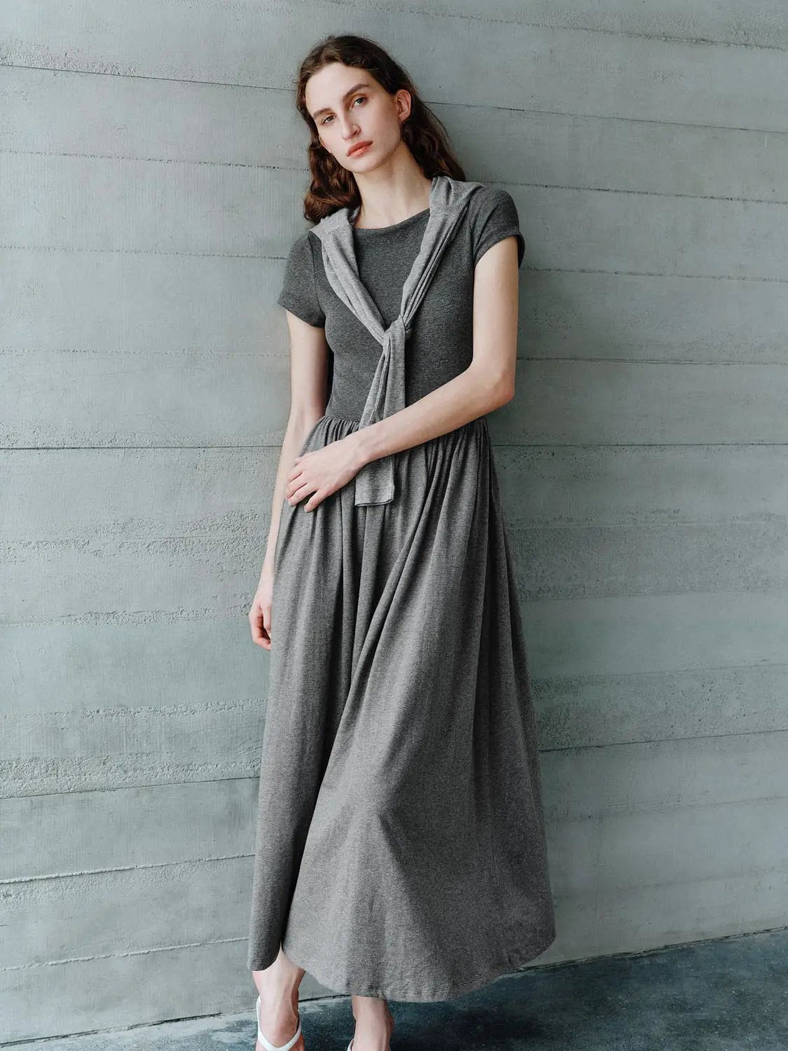 Boat Neck Short Sleeve Gathered Waist A Line Maxi Dress