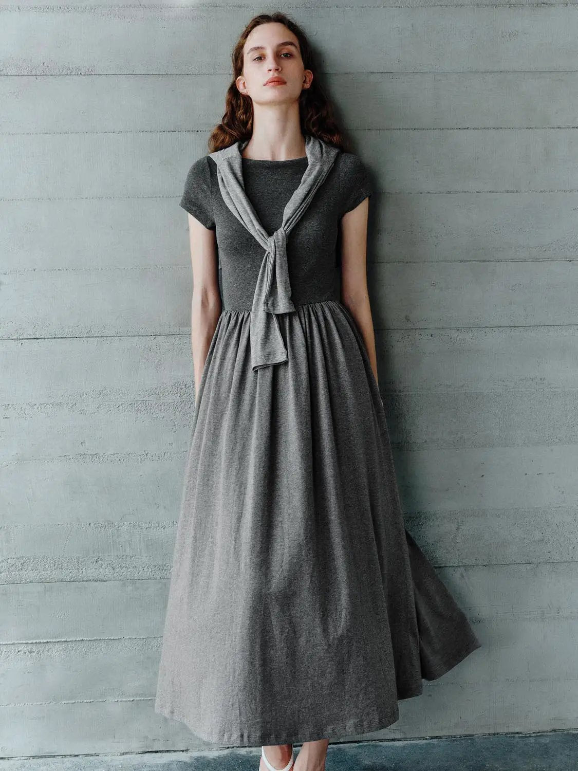Boat Neck Short Sleeve Gathered Waist A Line Maxi Dress