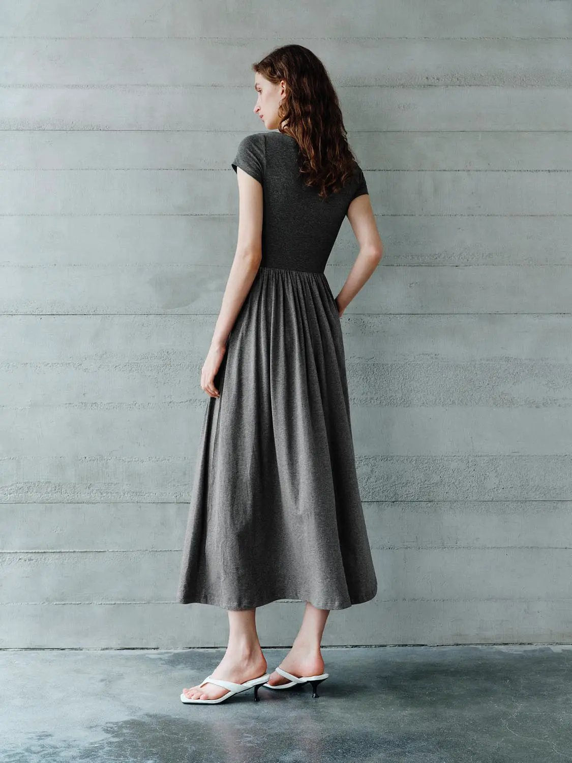 Boat Neck Short Sleeve Gathered Waist A Line Maxi Dress