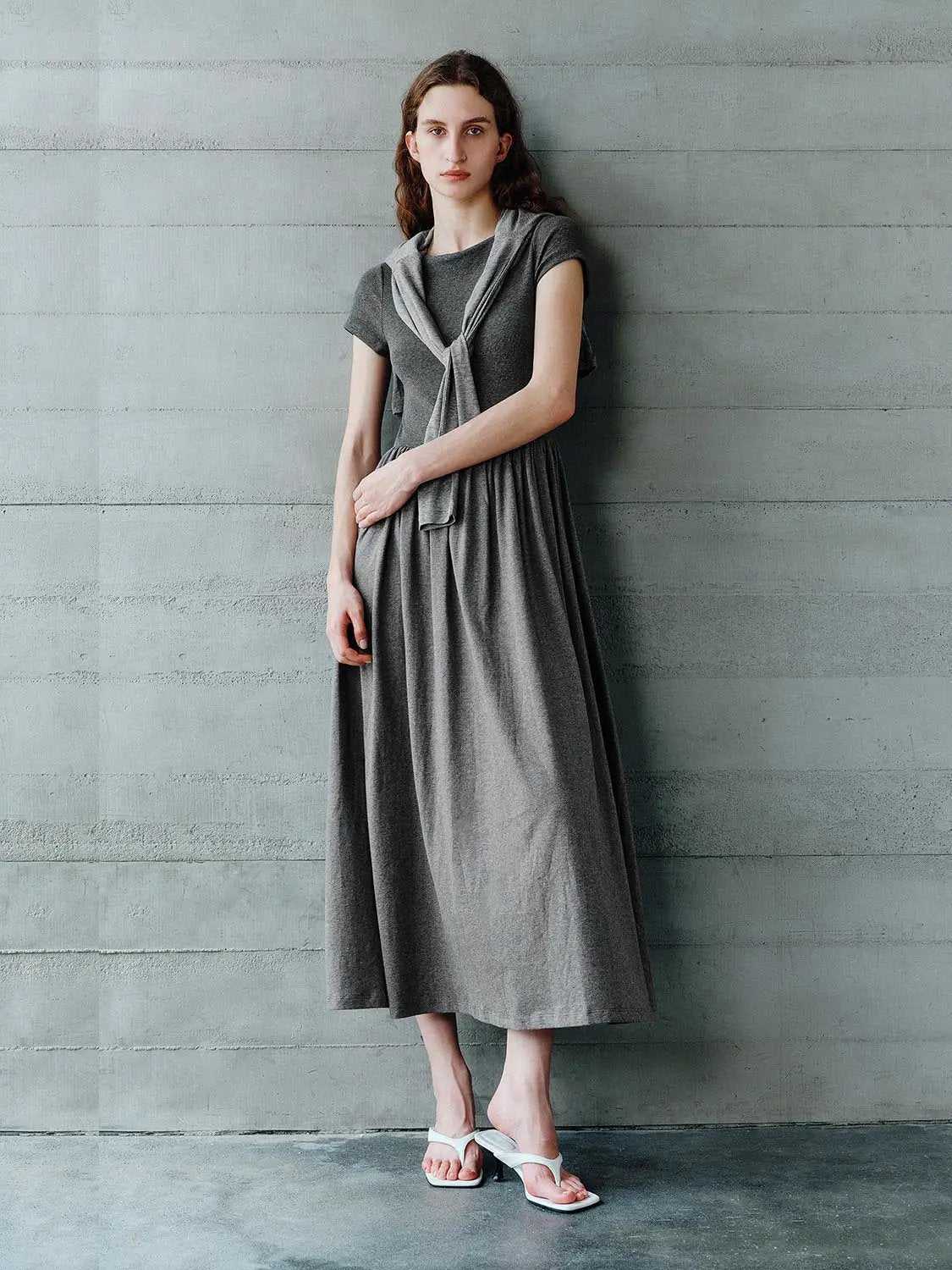 Boat Neck Short Sleeve Gathered Waist A Line Maxi Dress