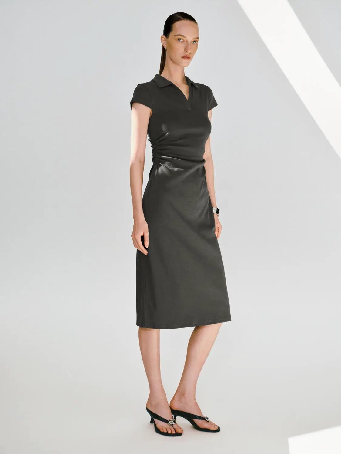 Polyester Blend Ruched A-Line Cotton Maxi Dress