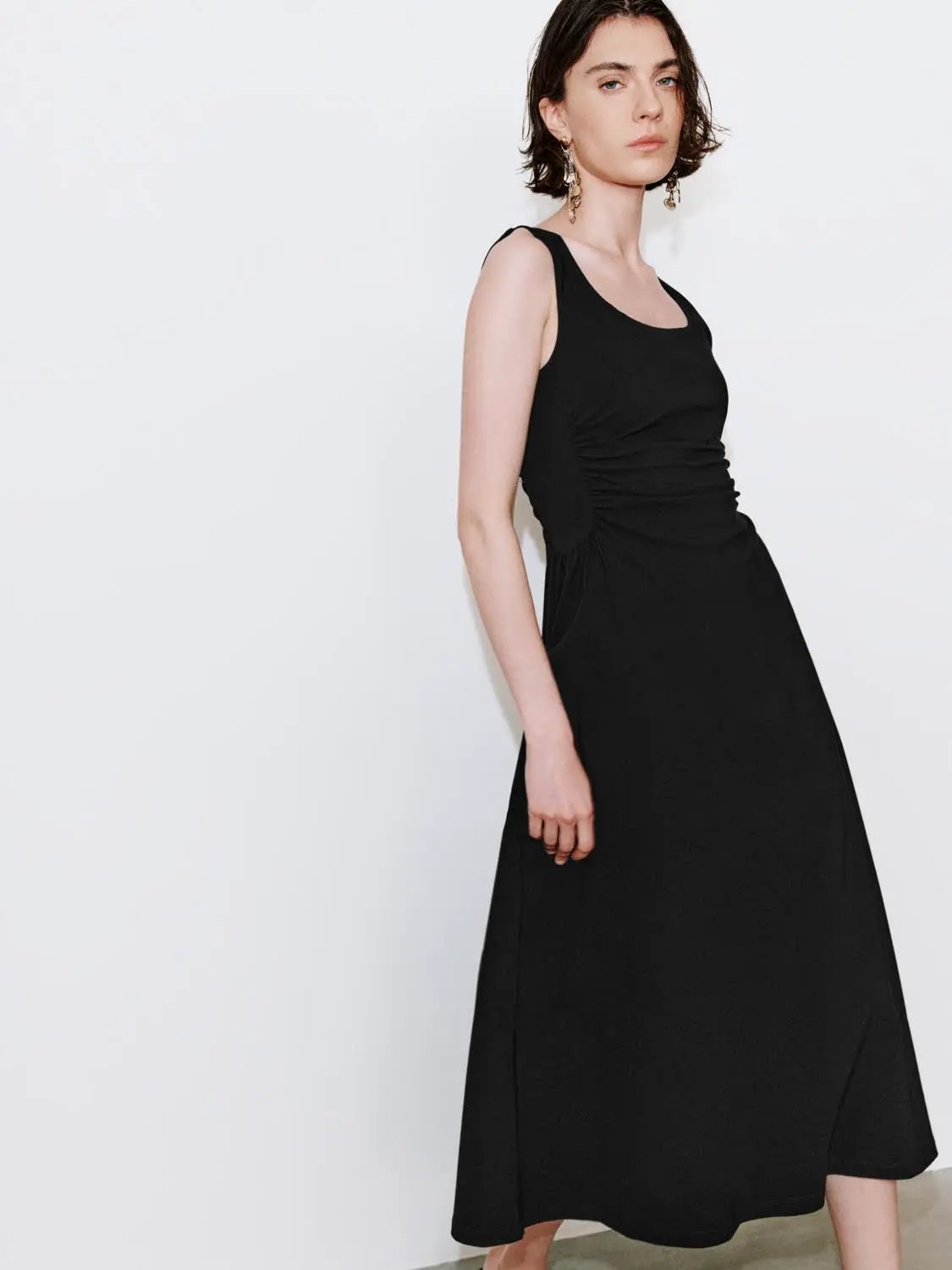 U-Neck Ruched Waist Sleeveless A-Line Midi Dress