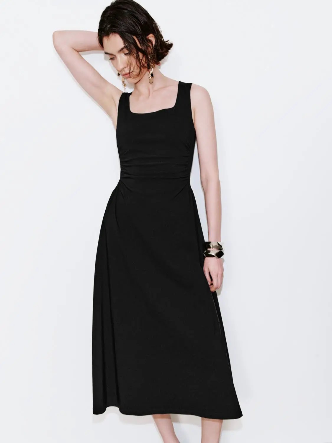 U-Neck Ruched Waist Sleeveless A-Line Midi Dress