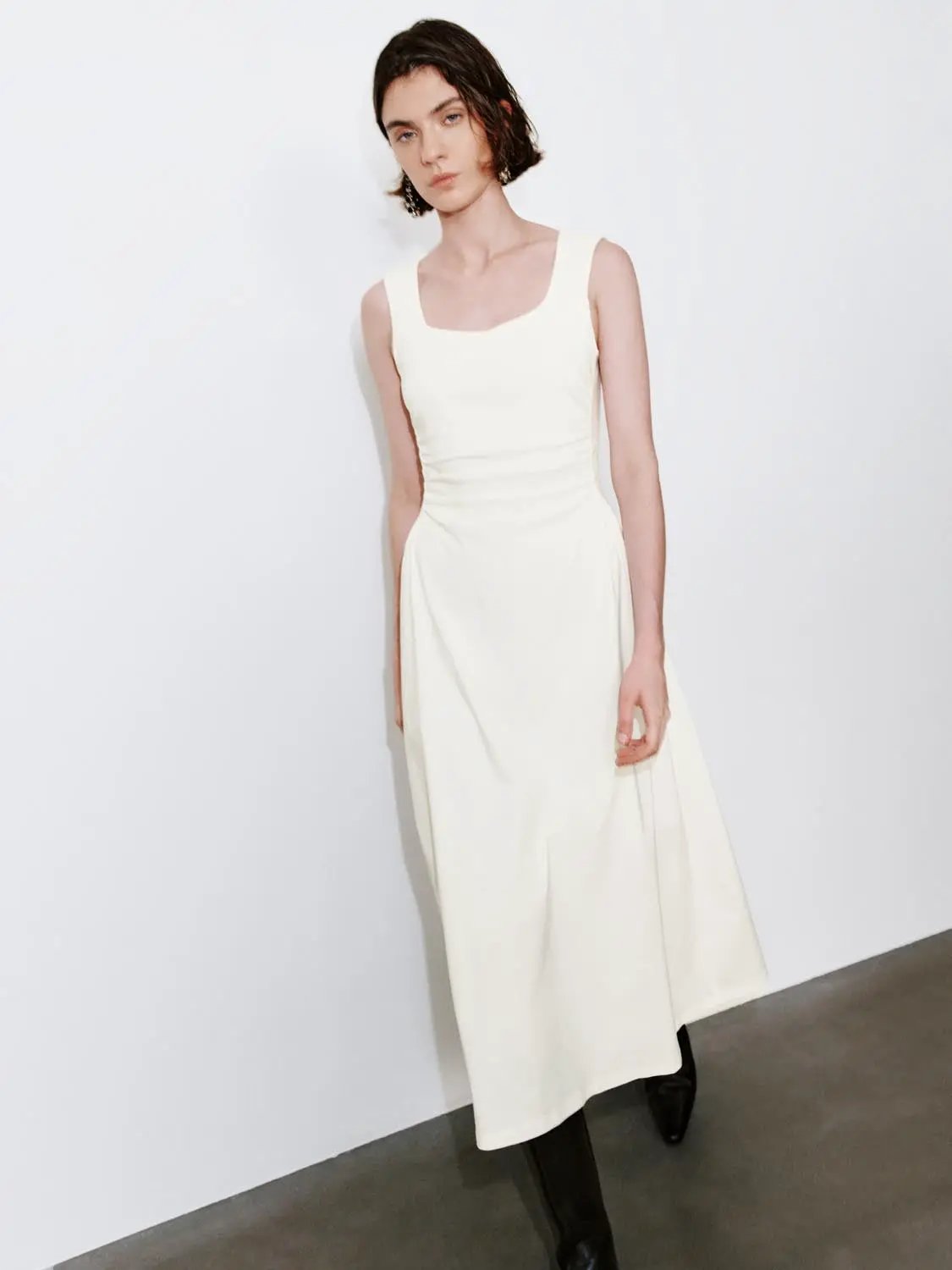 U-Neck Ruched Waist Sleeveless A-Line Midi Dress