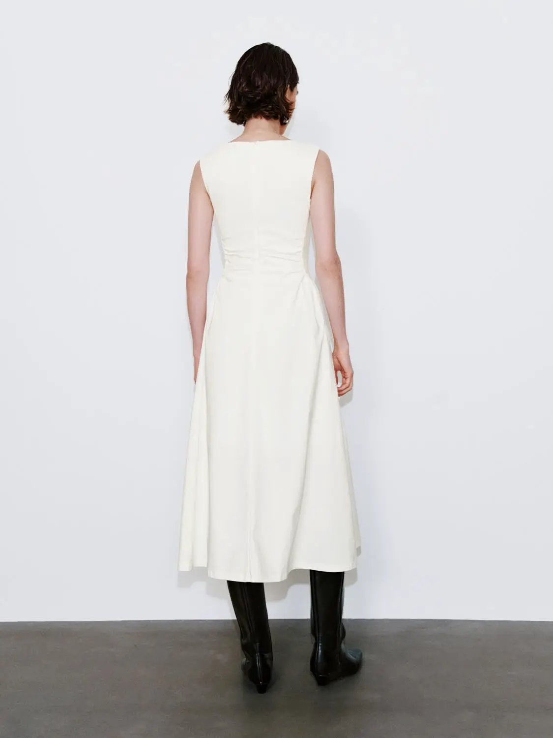 U-Neck Ruched Waist Sleeveless A-Line Midi Dress
