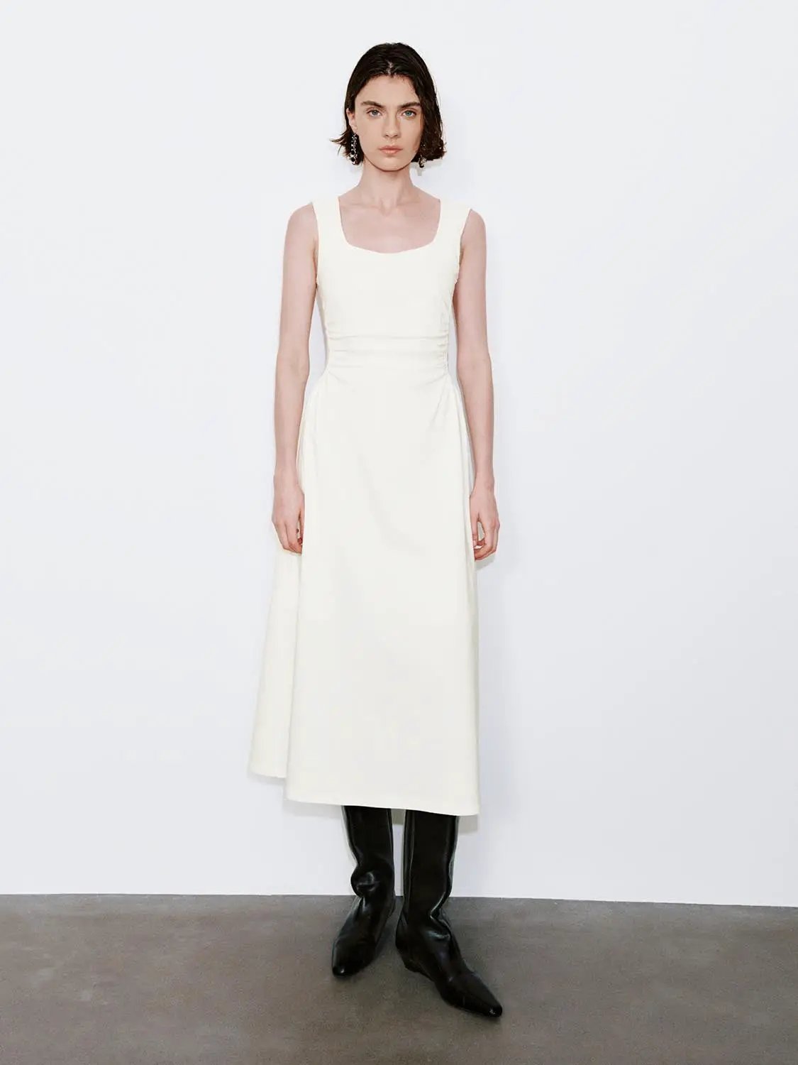 U-Neck Ruched Waist Sleeveless A-Line Midi Dress