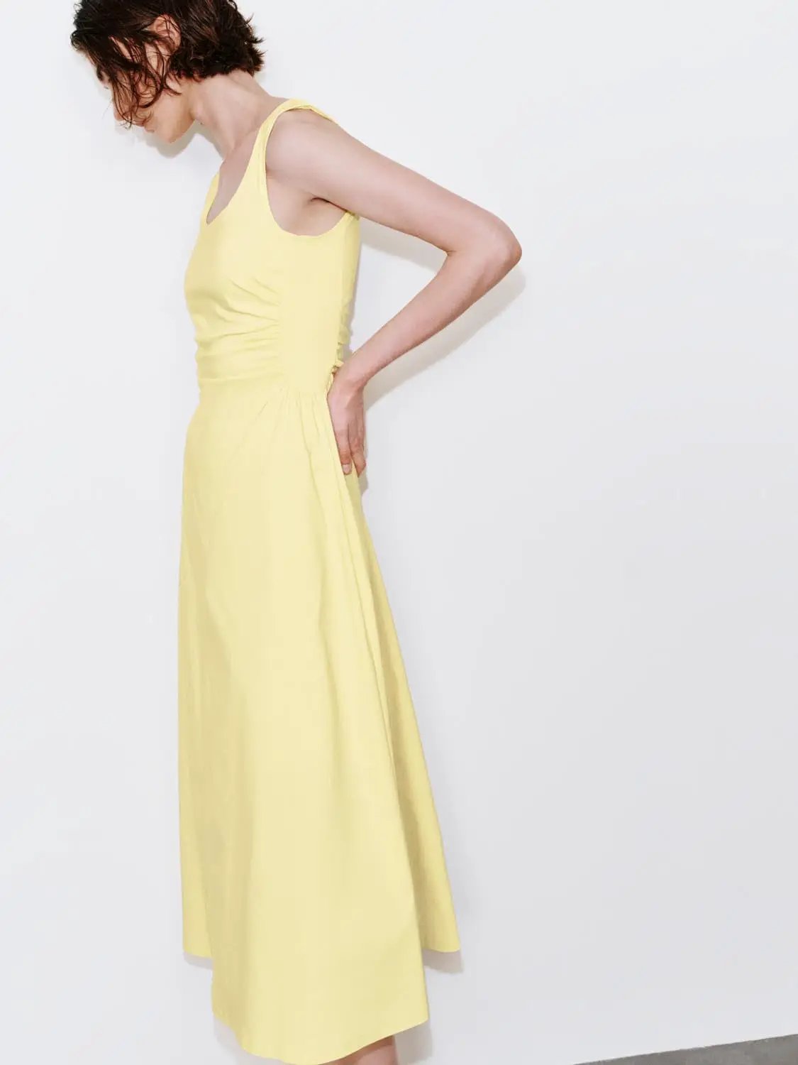 U-Neck Ruched Waist Sleeveless A-Line Midi Dress