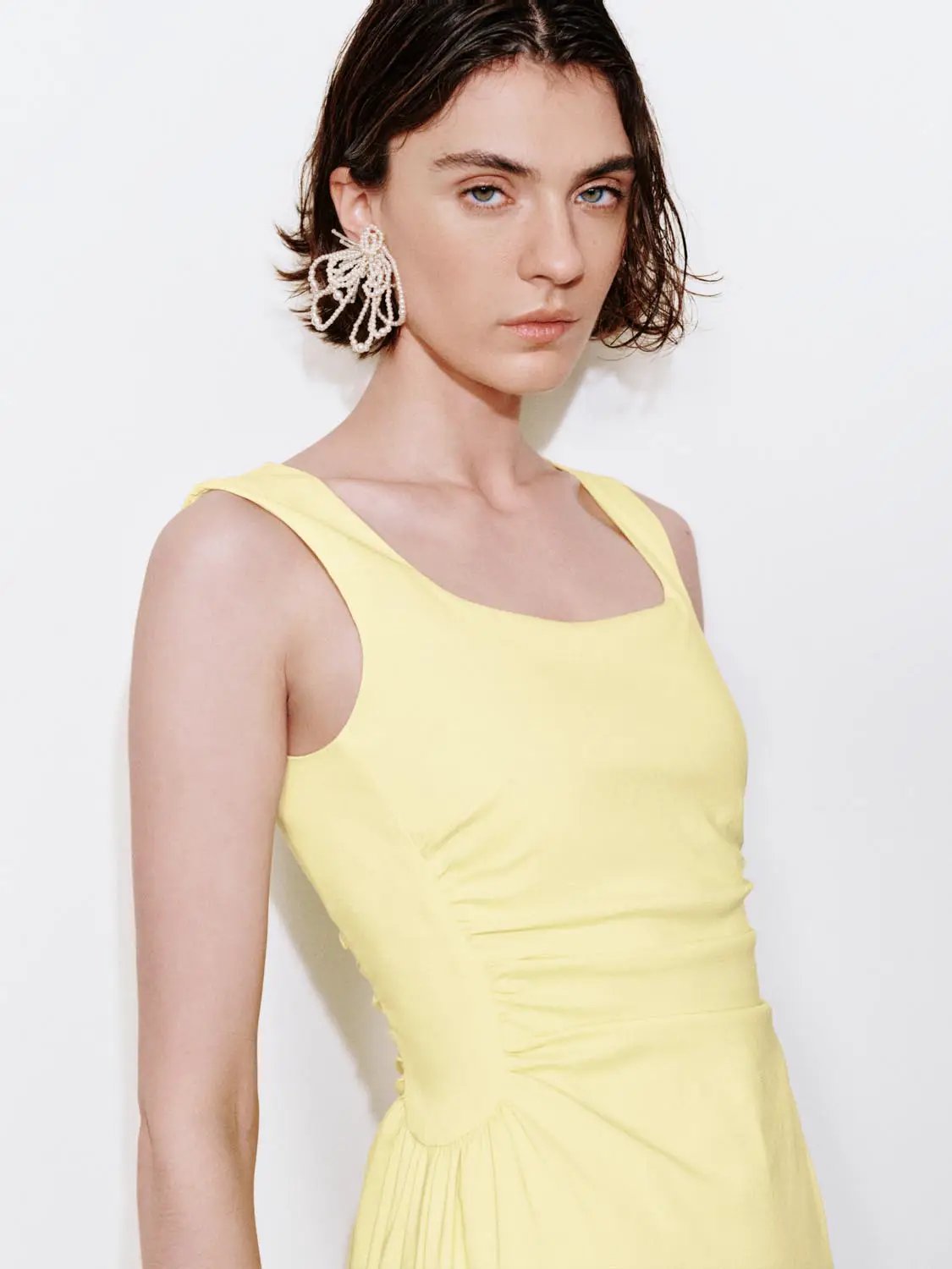 U-Neck Ruched Waist Sleeveless A-Line Midi Dress
