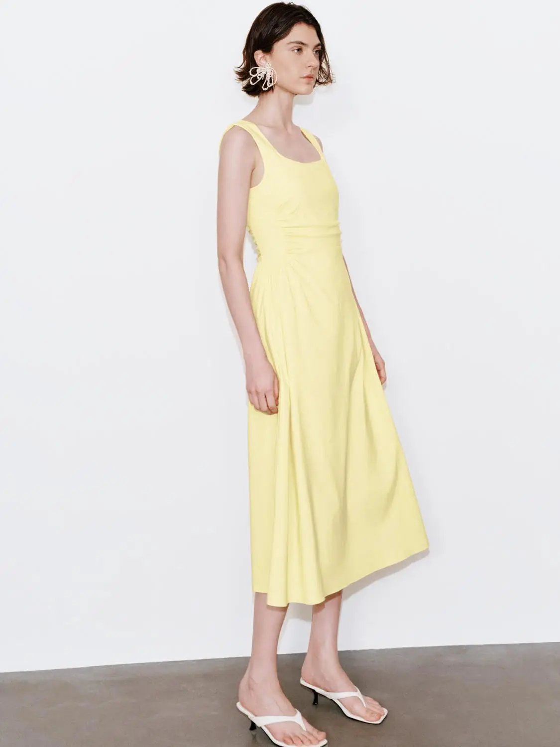 U-Neck Ruched Waist Sleeveless A-Line Midi Dress
